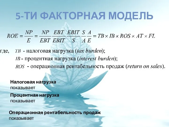 5-ТИ ФАКТОРНАЯ МОДЕЛЬ Налоговая нагрузка показывает Процентная нагрузка показывает Операционная рентабельность продаж показывает