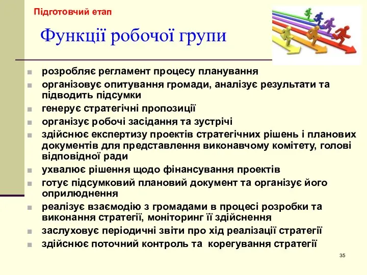 Функції робочої групи розробляє регламент процесу планування організовує опитування громади, аналізує