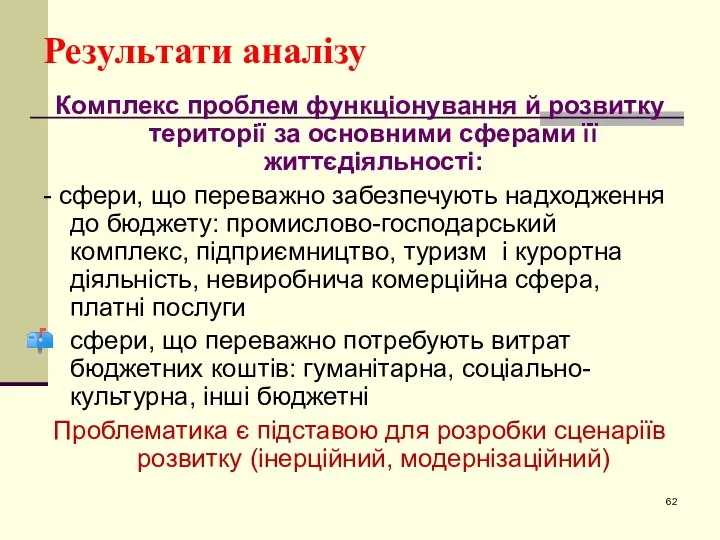 Результати аналізу Комплекс проблем функціонування й розвитку території за основними сферами