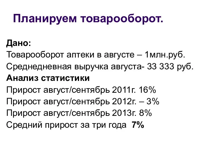 Планируем товарооборот. Дано: Товарооборот аптеки в августе – 1млн.руб. Среднедневная выручка