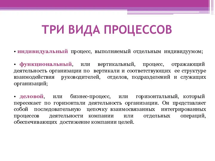 ТРИ ВИДА ПРОЦЕССОВ • индивидуальный процесс, выполняемый отдельным индивидуумом; • функциональный,