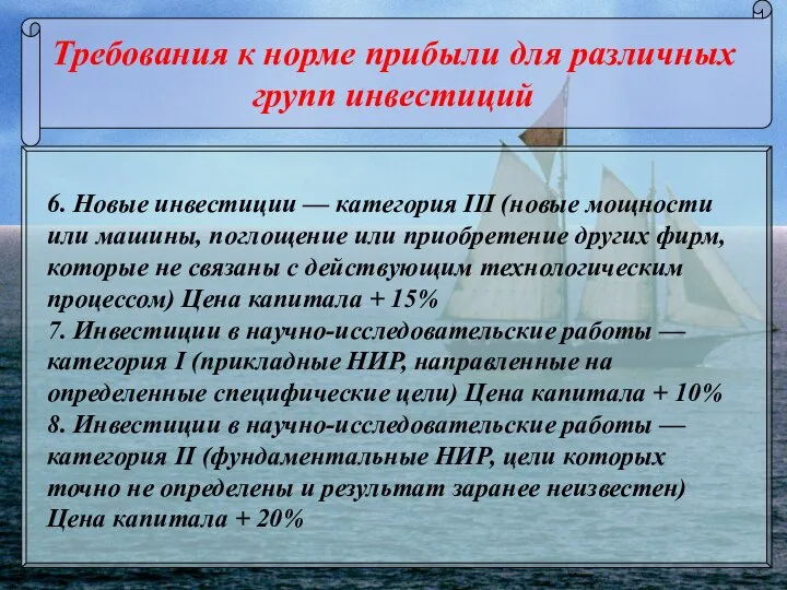 Требования к норме прибыли для различных групп инвестиций 6. Новые инвестиции