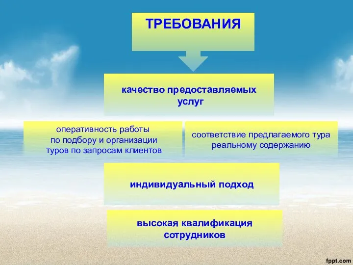 ТРЕБОВАНИЯ качество предоставляемых услуг оперативность работы по подбору и организации туров