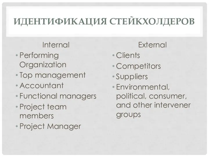 ИДЕНТИФИКАЦИЯ СТЕЙКХОЛДЕРОВ Internal Performing Organization Top management Accountant Functional managers Project