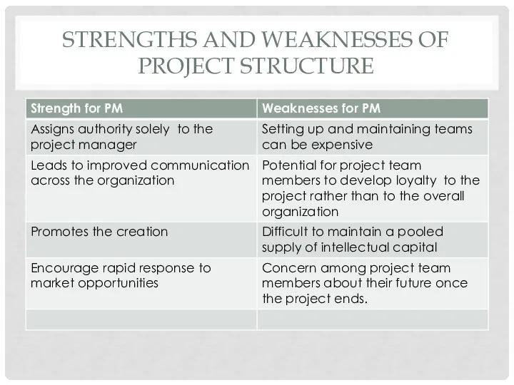 STRENGTHS AND WEAKNESSES OF PROJECT STRUCTURE