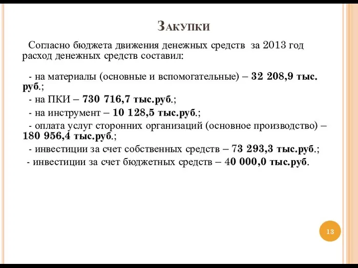 Закупки Согласно бюджета движения денежных средств за 2013 год расход денежных