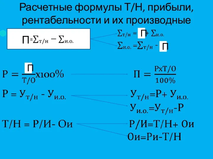 Расчетные формулы Т/Н, прибыли, рентабельности и их производные П П П П