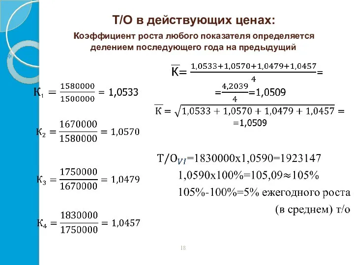 Т/О в действующих ценах: коэффициент роста любого показателя определяется делением последующего года на предыдущий