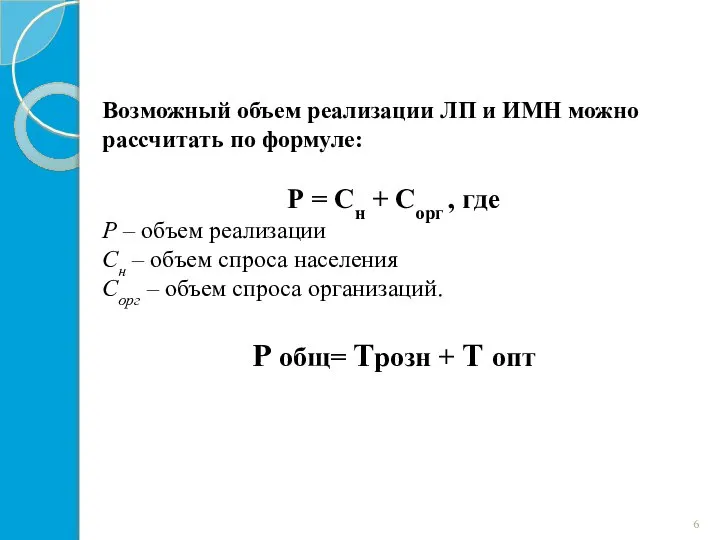 Возможный объем реализации ЛП и ИМН можно рассчитать по формуле: Р