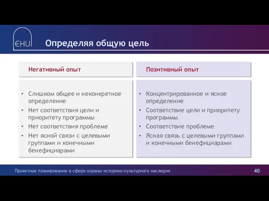 Определяя общую цель Негативный опыт Слишком общее и неконкретное определение Нет