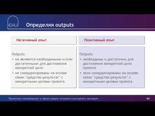 Определяя outputs Негативный опыт Outputs: не являются необходимыми и/или достаточными для