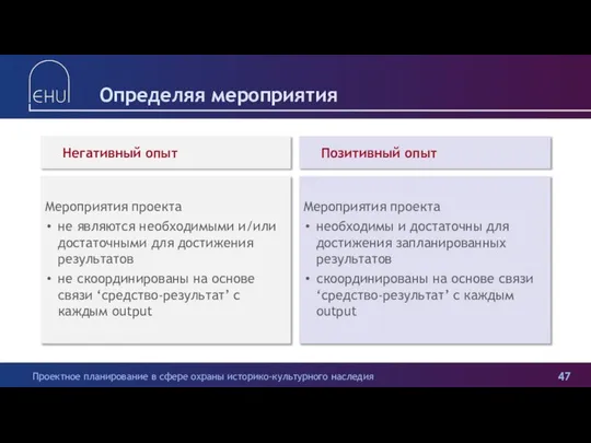 Определяя мероприятия Негативный опыт Мероприятия проекта не являются необходимыми и/или достаточными