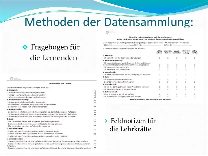 Methoden der Datensammlung: Fragebogen für die Lernenden Feldnotizen für die Lehrkräfte