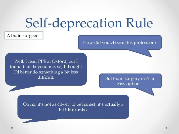 Self-deprecation Rule A brain surgeon How did you choose this profession?