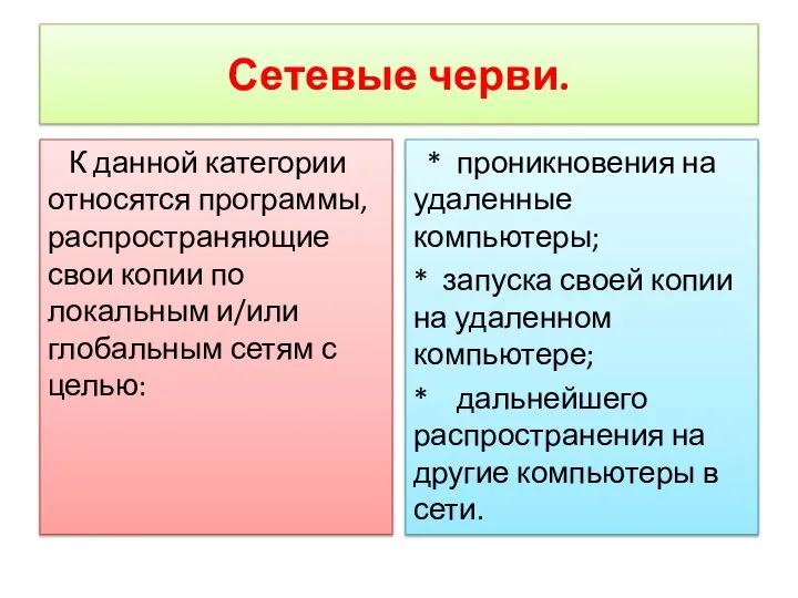 Сетевые черви. К данной категории относятся программы, распространяющие свои копии по