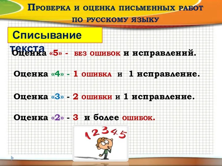 Проверка и оценка письменных работ по русскому языку Списывание текста Оценка