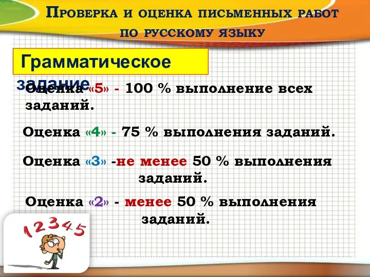 Проверка и оценка письменных работ по русскому языку Грамматическое задание Оценка