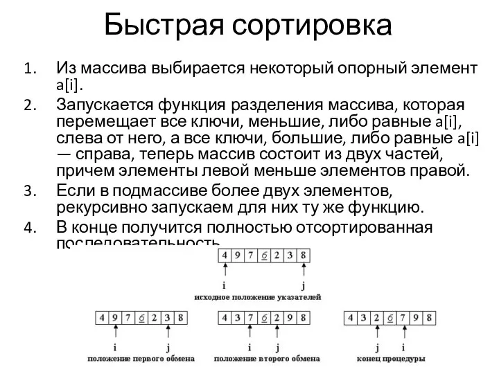 Быстрая сортировка Из массива выбирается некоторый опорный элемент a[i]. Запускается функция