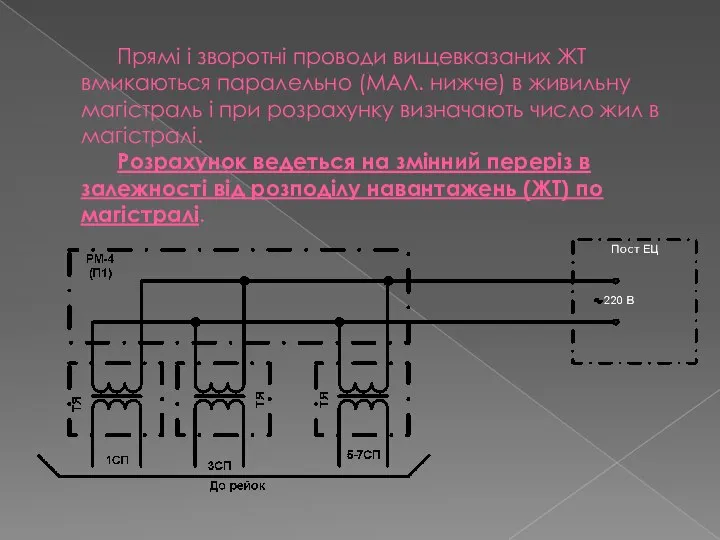 Прямі і зворотні проводи вищевказаних ЖТ вмикаються паралельно (МАЛ. нижче) в