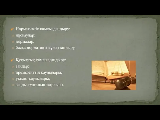 Нормативтік қамсыздандыру: нұсқаулар; нормалар; басқа нормативті құжаттандыру. Құқықтық қамсыздандыру: заңдар; президенттің