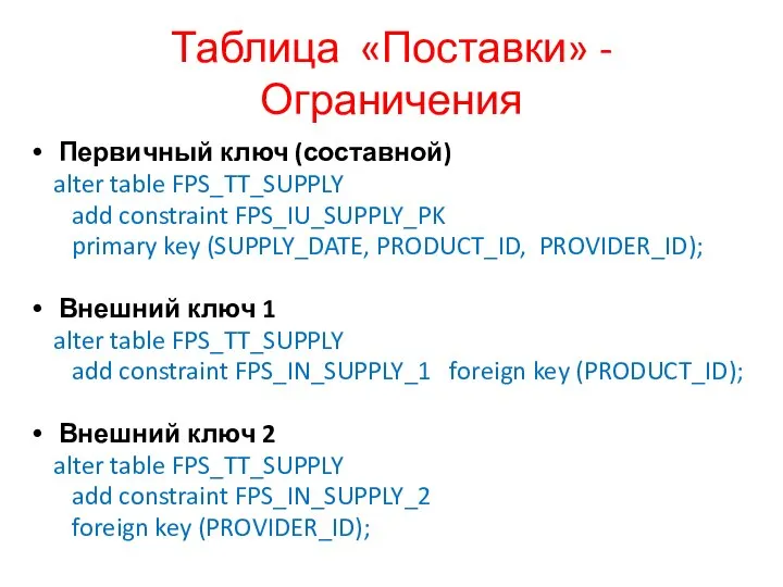 Таблица «Поставки» - Ограничения Первичный ключ (составной) alter table FPS_TT_SUPPLY add