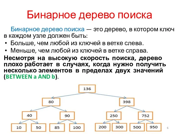 Бинарное дерево поиска Бинарное дерево поиска — это дерево, в котором