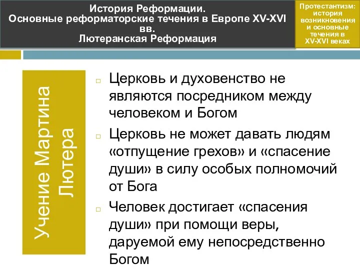 Учение Мартина Лютера Церковь и духовенство не являются посредником между человеком