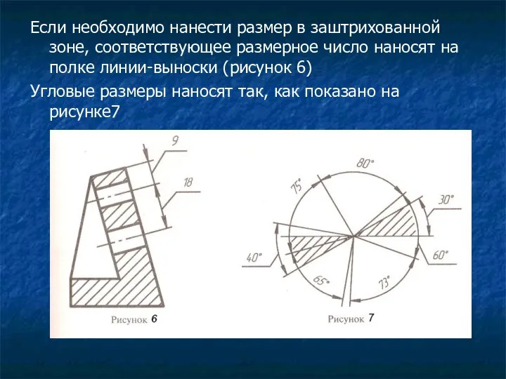 Если необходимо нанести размер в заштрихованной зоне, соответствующее размерное число наносят