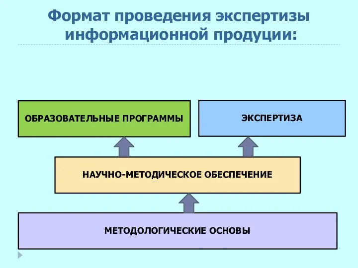 МЕТОДОЛОГИЧЕСКИЕ ОСНОВЫ НАУЧНО-МЕТОДИЧЕСКОЕ ОБЕСПЕЧЕНИЕ ОБРАЗОВАТЕЛЬНЫЕ ПРОГРАММЫ ЭКСПЕРТИЗА Формат проведения экспертизы информационной продуции: