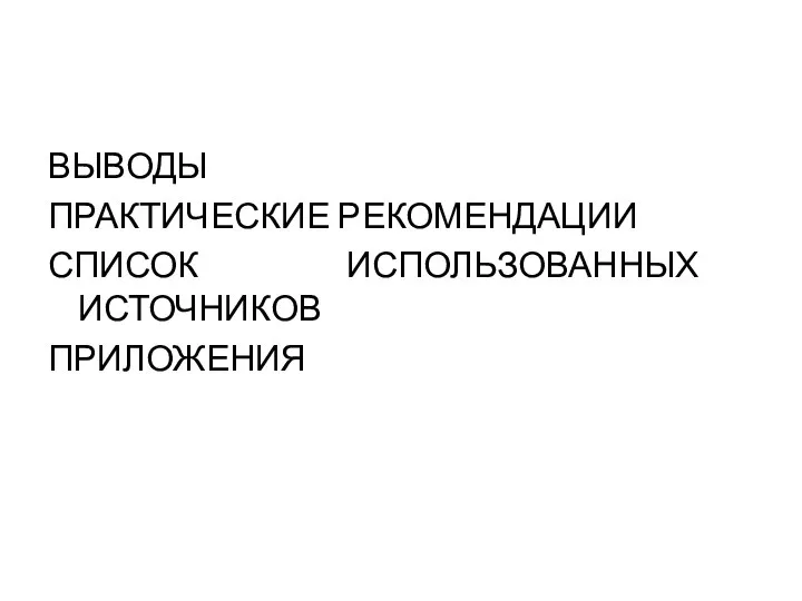 ВЫВОДЫ ПРАКТИЧЕСКИЕ РЕКОМЕНДАЦИИ СПИСОК ИСПОЛЬЗОВАННЫХ ИСТОЧНИКОВ ПРИЛОЖЕНИЯ