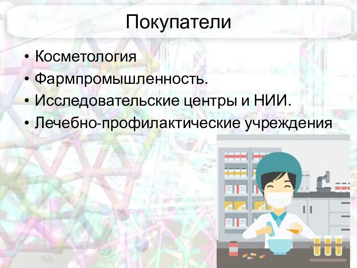 Покупатели Косметология Фармпромышленность. Исследовательские центры и НИИ. Лечебно-профилактические учреждения