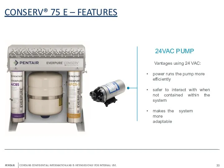 CONSERV® 75 E – FEATURES 24VAC PUMP Vantages using 24 VAC: