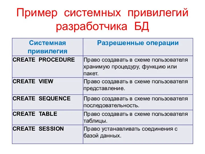 Пример системных привилегий разработчика БД