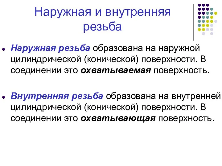 Наружная и внутренняя резьба Наружная резьба образована на наружной цилиндрической (конической)