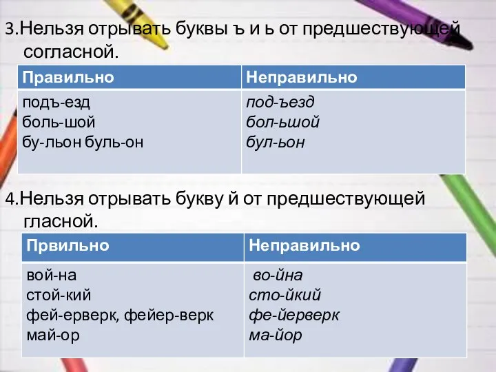 3.Нельзя отрывать буквы ъ и ь от предшествующей согласной. 4.Нельзя отрывать букву й от предшествующей гласной.