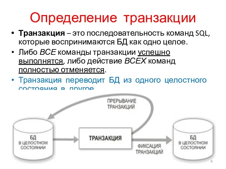 Определение транзакции Транзакция – это последовательность команд SQL, которые воспринимаются БД