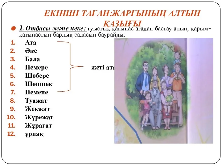 1. Отбасы және неке: туыстық қатынас атадан бастау алып, қарым-қатынастың барлық