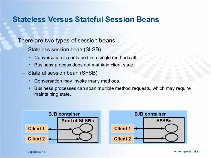 Stateless Versus Stateful Session Beans There are two types of session