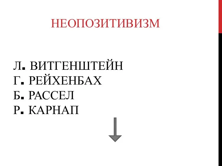 Л. ВИТГЕНШТЕЙН Г. РЕЙХЕНБАХ Б. РАССЕЛ Р. КАРНАП НЕОПОЗИТИВИЗМ