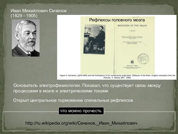 Иван Михайлович Сеченов (1829 - 1905) Основатель электрофизиологии. Показал, что существует