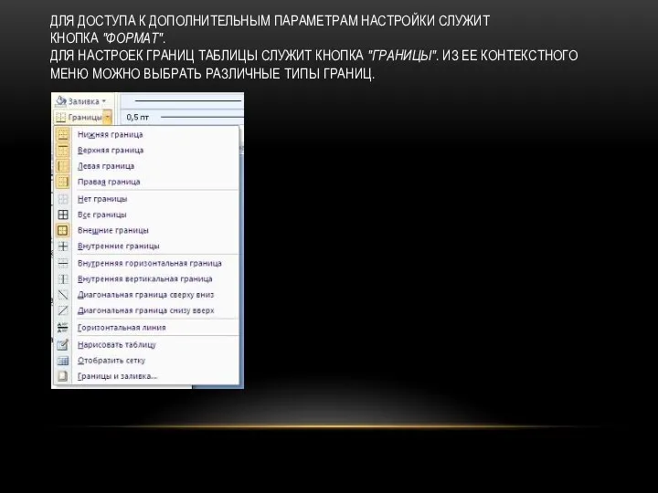 ДЛЯ ДОСТУПА К ДОПОЛНИТЕЛЬНЫМ ПАРАМЕТРАМ НАСТРОЙКИ СЛУЖИТ КНОПКА "ФОРМАТ". ДЛЯ НАСТРОЕК