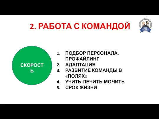 2. РАБОТА С КОМАНДОЙ СКОРОСТЬ ТОЧНОСТЬ ПОДБОР ПЕРСОНАЛА. ПРОФАЙЛИНГ АДАПТАЦИЯ РАЗВИТИЕ