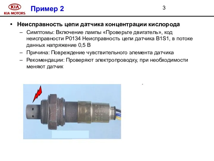 Пример 2 Неисправность цепи датчика концентрации кислорода Симптомы: Включение лампы «Проверьте
