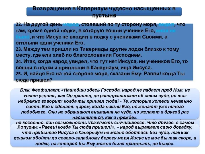 Возвращение в Капернаум чудесно насыщенных в пустыне 22. На другой день