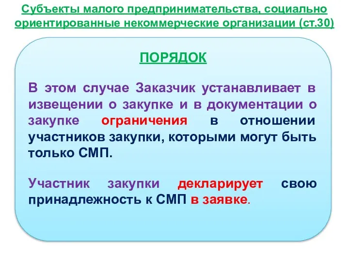 Субъекты малого предпринимательства, социально ориентированные некоммерческие организации (ст.30) ПОРЯДОК В этом