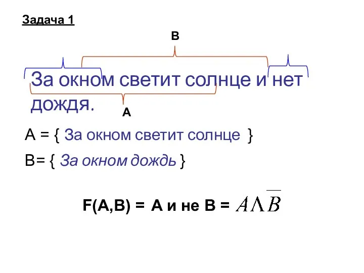 За окном светит солнце и нет дождя. А = { За