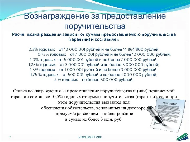 * КОФПМСП МКК Расчет вознаграждения зависит от суммы предоставляемого поручительства (гарантии)