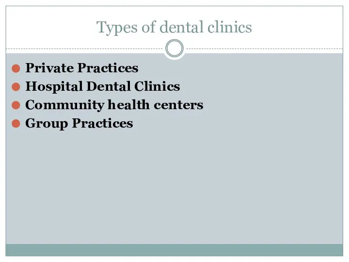 Types of dental clinics Private Practices Hospital Dental Clinics Community health centers Group Practices
