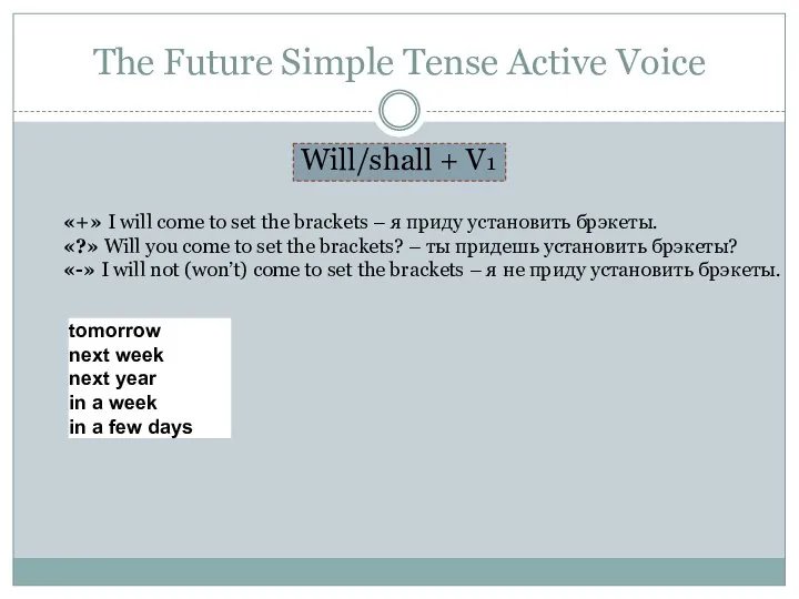 The Future Simple Tense Active Voice Will/shall + V1 «+» I