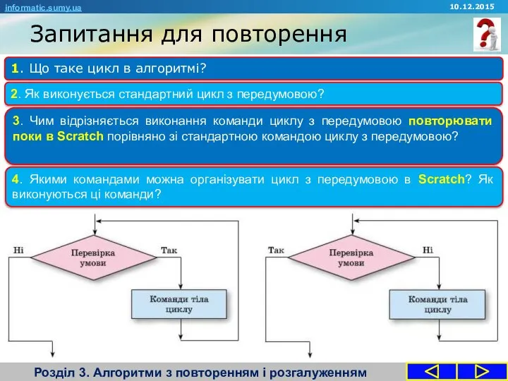 Запитання для повторення Розділ 3. Алгоритми з повторенням і розгалуженням 1.